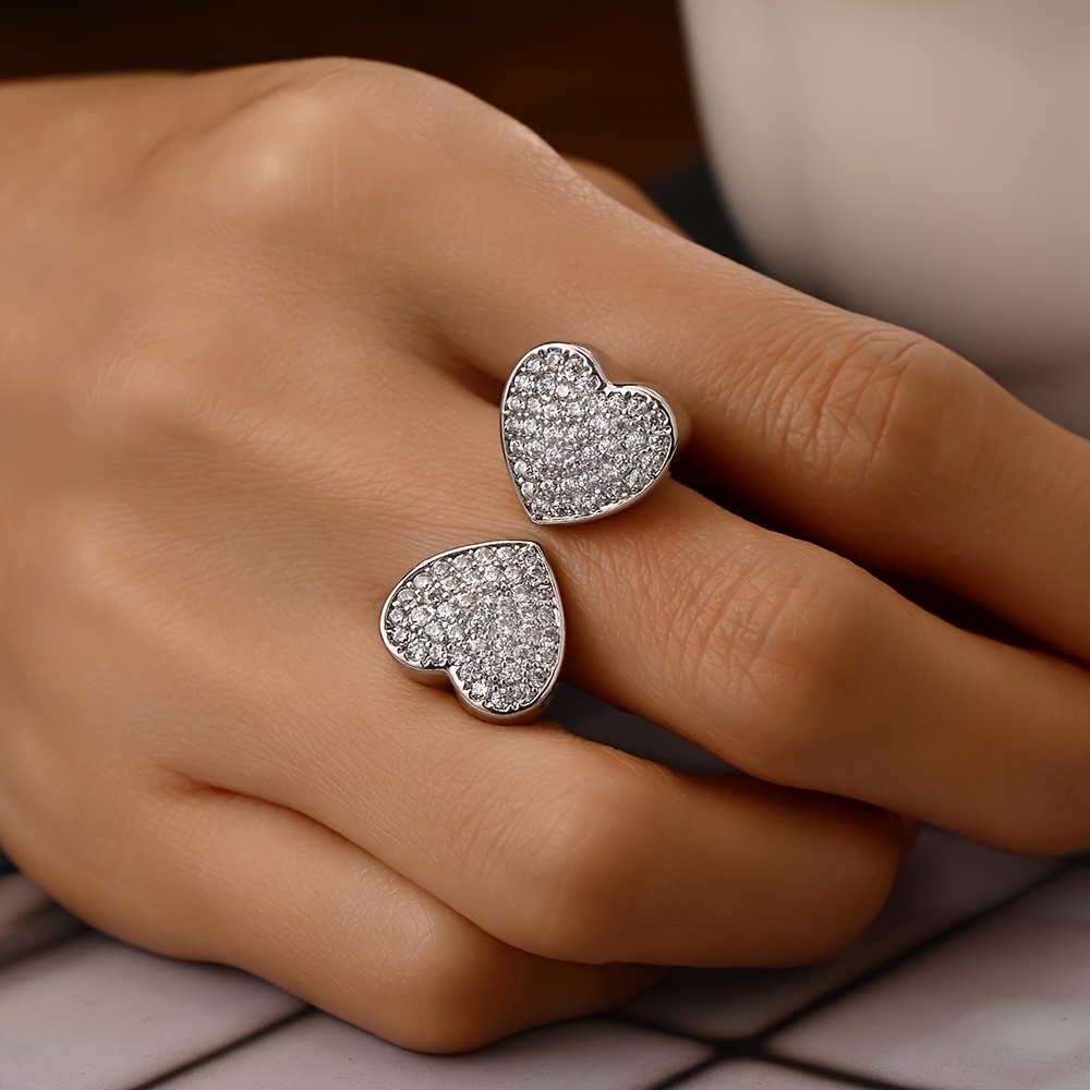 Heart-Shaped Open Ring Set with Synthetic Zirconia